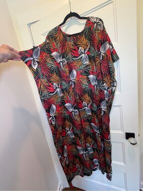 Vintage Tropical Floral Maxi Dress - Black, Red & Orange